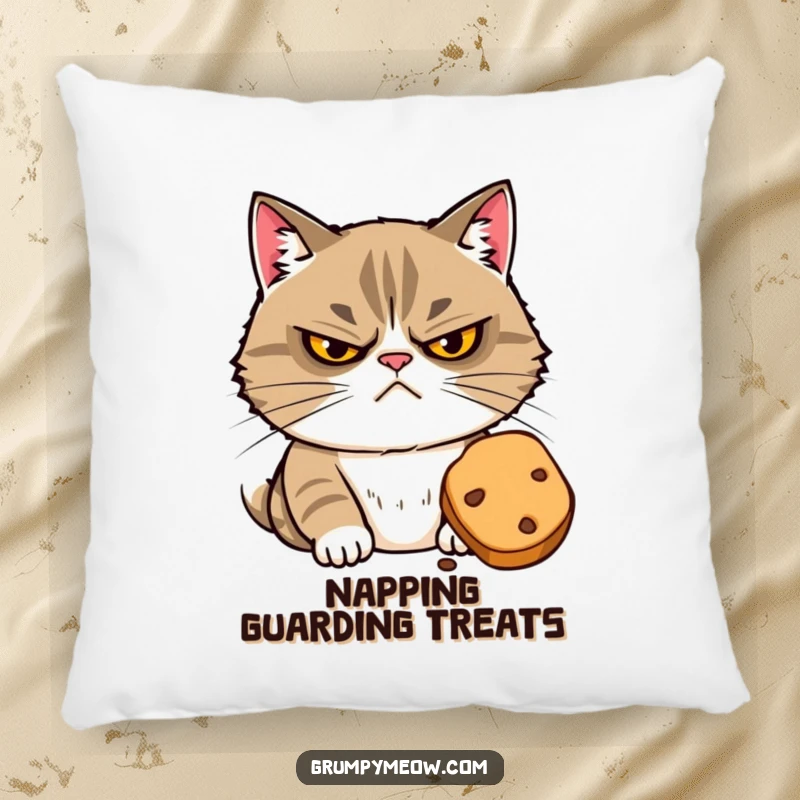 Funny pillow depicting a grumpy cat with narrowed eyes suspiciously eyeing a tempting treat, soft and full of humorous intent.