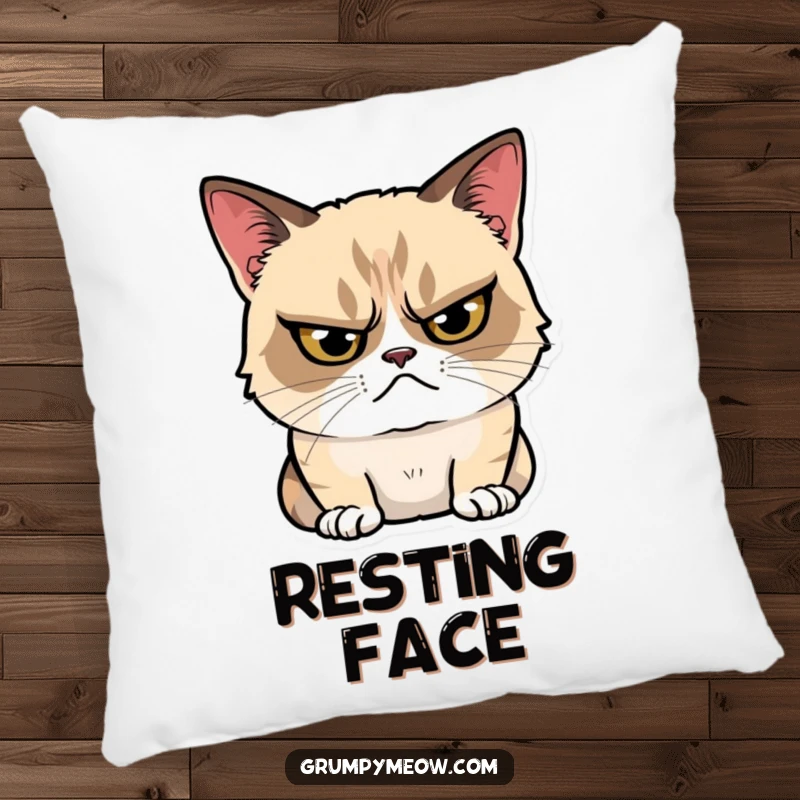 Funny Pillow featuring a grumpy cat glaring with an intense gaze, but with a tiny, hidden smile, offering soft comfort and sly humor.