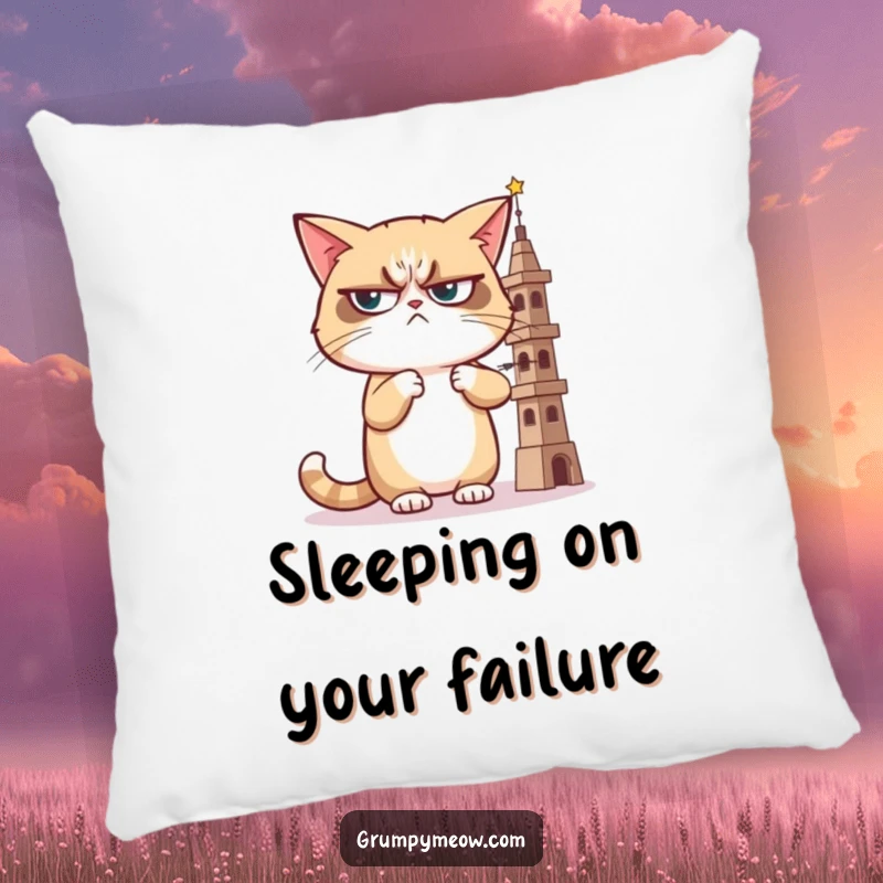 Funny pillow featuring a grumpy cat giving a sideways, judgmental look at a wobbly tower, offering cozy comfort and a dose of feline critique.