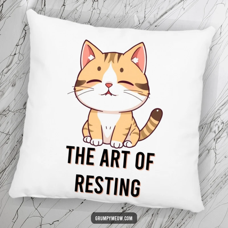 Funny cat pillow with a depiction of a cat sighing deeply and exhaling a puff of air, offering a humorous and comforting touch.