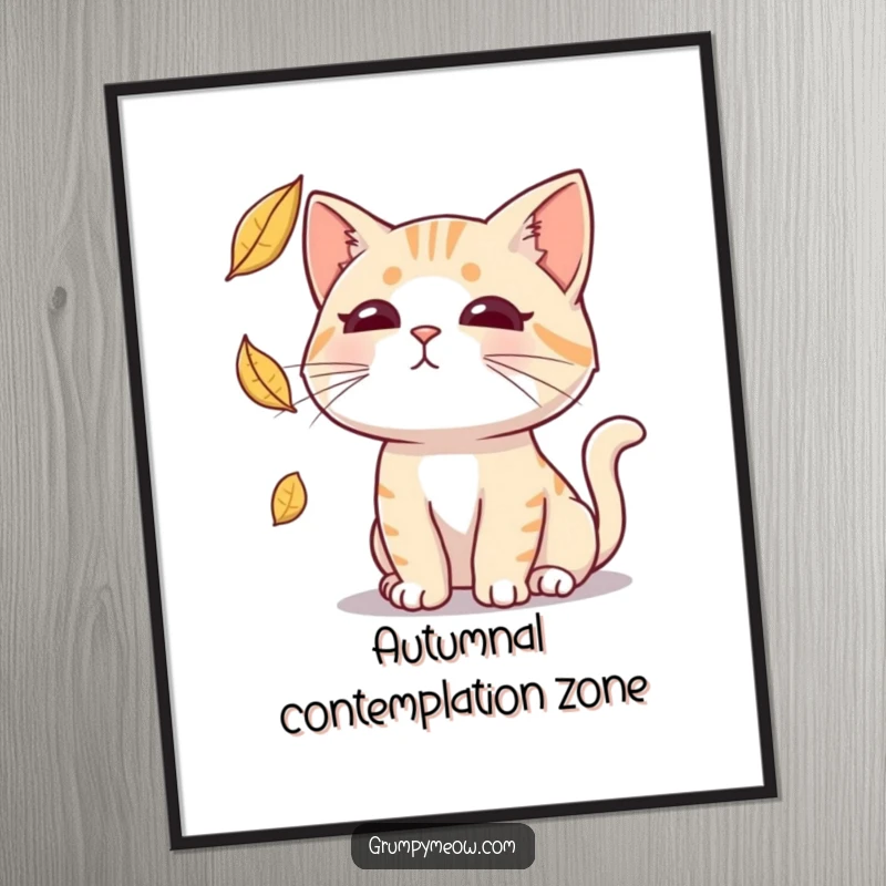 Funny digital art print of a cat with a deadpan expression intently trying to catch a falling leaf, creating a humorous ambiance.