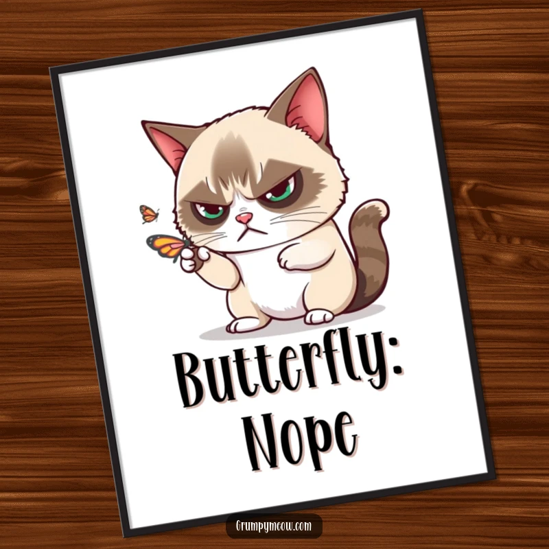 Funny grumpy cat disdainfully batting away a playful butterfly with one paw, digital art for printing, an excellent funny gift.