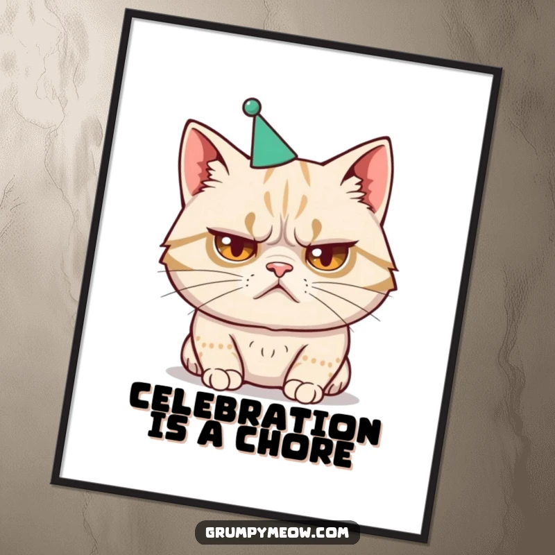 Funny digital art print of a disgruntled cat wearing a tiny, ill-fitting party hat, perfect for decor.
