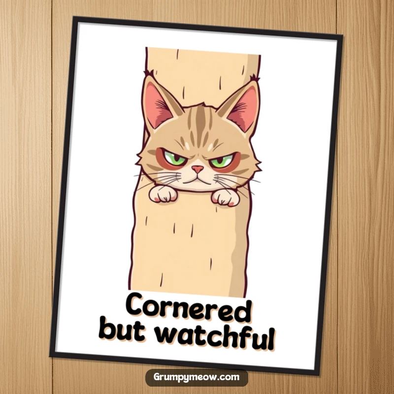 Funny digital art print: a grumpy cat peeking suspiciously from behind a huge scratching post, ready to be framed and enjoyed.