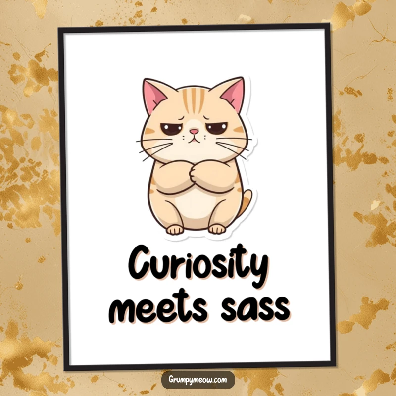 Funny Digital Art Print: A round cat with crossed arms appears unimpressed but curious, creating a humorous and relatable piece of art.