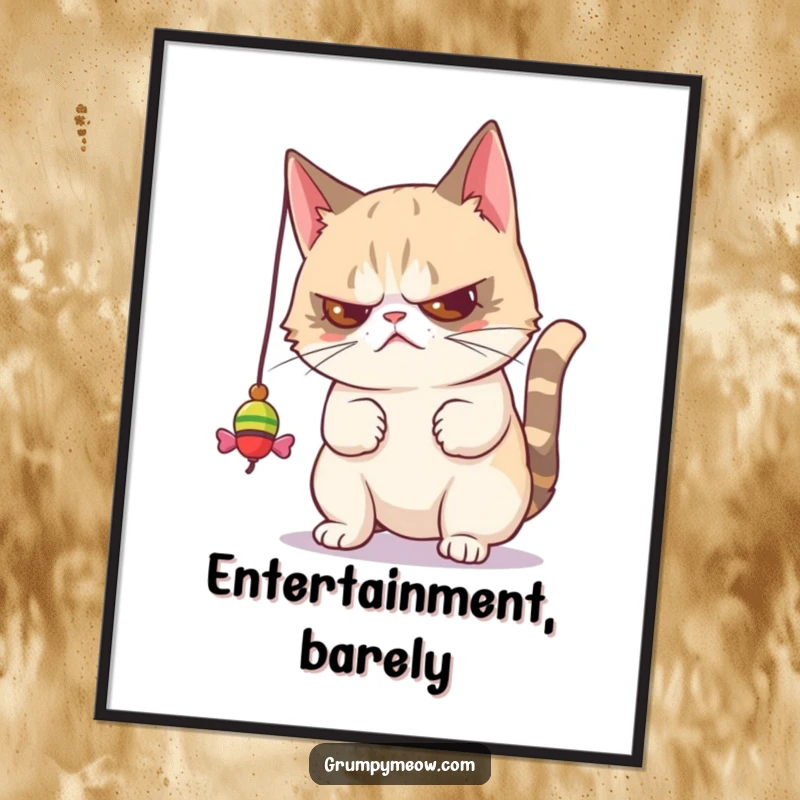 Funny digital art print of a grumpy cat batting a toy with strong disdain, offering instant, humorous, and unimpressed feline wall decor.