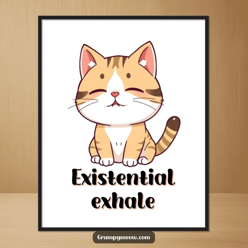Funny cat digital art print of a cat sighing out a puff of air, conveying a relatable moment of deep exhaustion and humor.