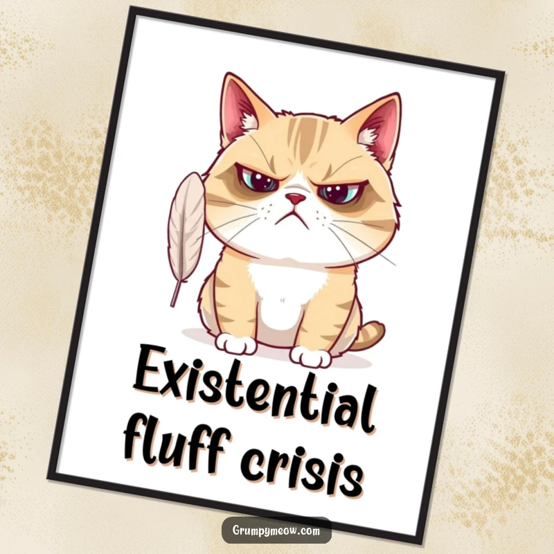 Funny Grumpy Cat Digital Art Print: A grumpy cat looks bewildered at a feather, confused and surprised downloadable decor.