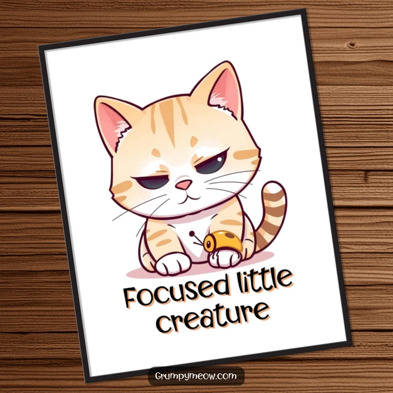Funny cat digital art print of a cat squinting its eyes, peering intently at a tiny insect, embodying a hunter's unwavering focus.