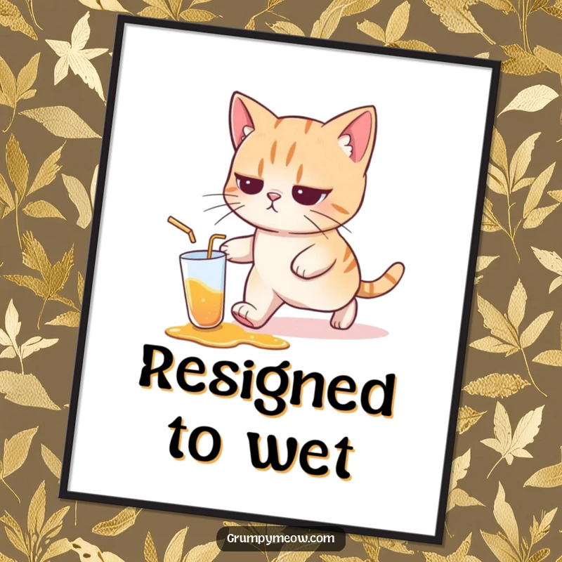 Funny cat digital art print of a cat with a resigned expression walking away from a spilled drink, embodying nonchalance and humor.