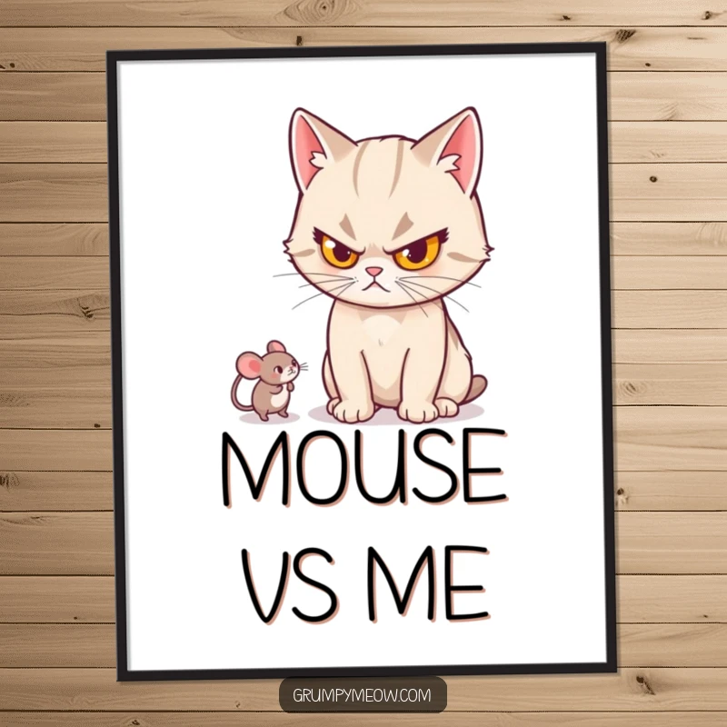 Funny cat digital art print of a cat with a stern look, batting a small mouse toy, embodying playful aggression and mock seriousness.