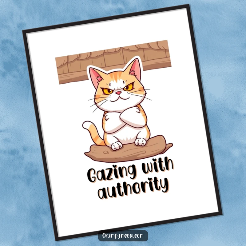 Funny Digital Art Print: A defiant cat with folded arms glares from a cozy perch, capturing pure feline stubbornness.