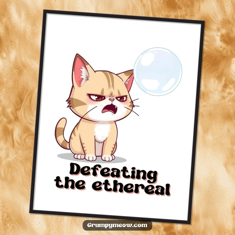 Funny grumpy cat digital art print, mid-swat at a bubble, capturing playful action, ideal funny gift.