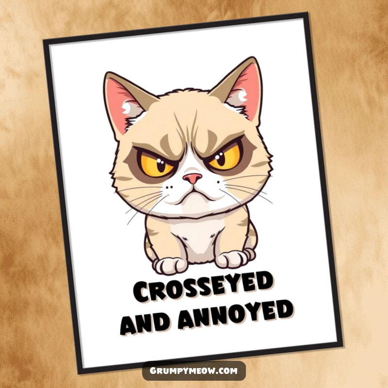 Funny grumpy cat digital art print of a cat glaring with exaggeratedly crossed eyes, full of comic annoyance.