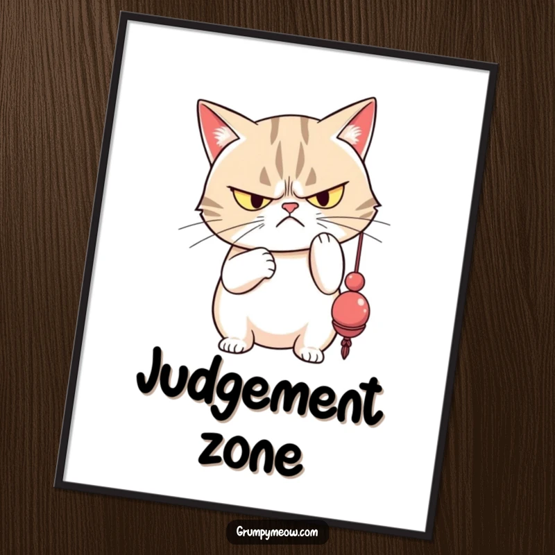 Funny grumpy cat with narrowed eyes disdainfully batting a dangling toy, a hilariously sassy digital artwork.