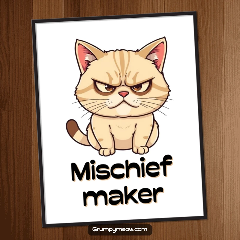 Funny digital art print of a grumpy cat with narrowed eyes, plotting mischief, perfect for adding humor to any room.
