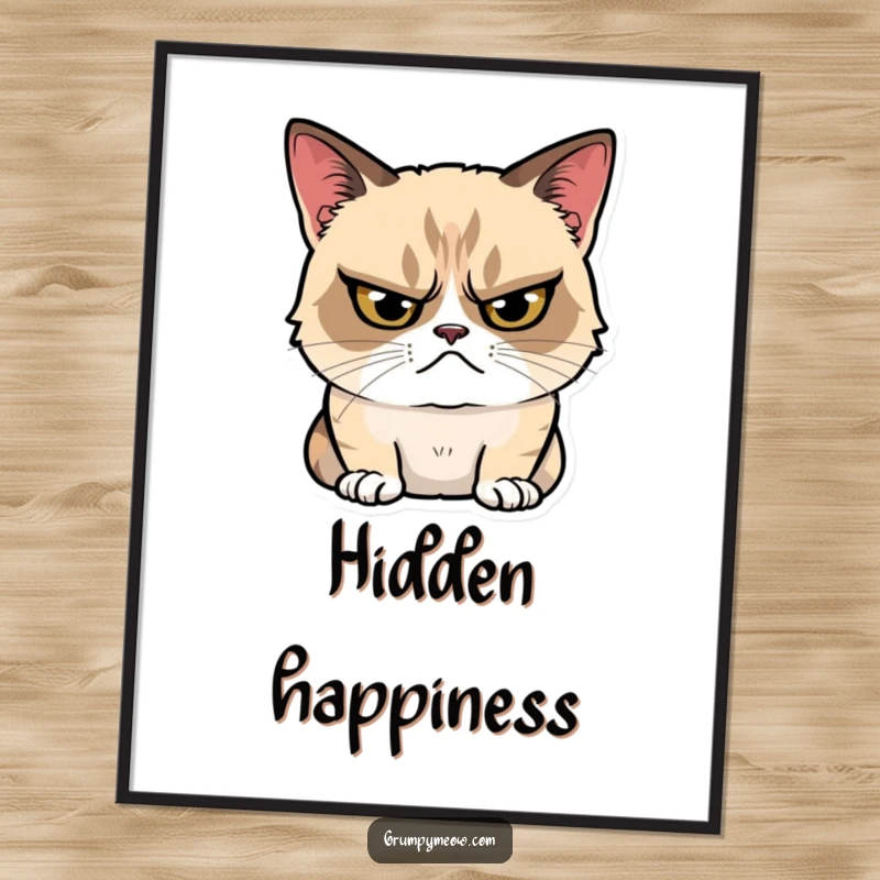 Funny Digital Art Print of a grumpy cat glaring intensely, yet with a tiny, hidden smile, bringing subtle humor and feline attitude.