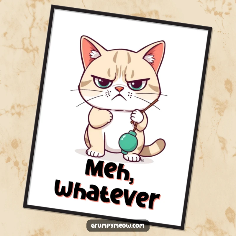 Funny Digital Art Print of a grumpy cat looking unimpressed while swatting a dangling toy, bringing relatable humor and feline apathy.