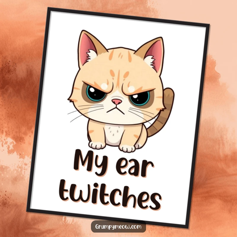Funny digital art print of a grumpy cat with a twitch during a head scratch, ideal for humorous, downloadable wall decor.