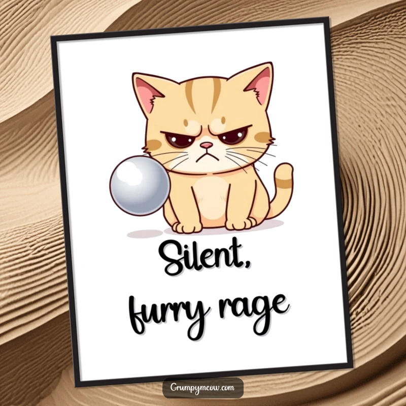 Funny digital art print of a grumpy cat with narrowed eyes, giving a shiny ball its most disapproving look.
