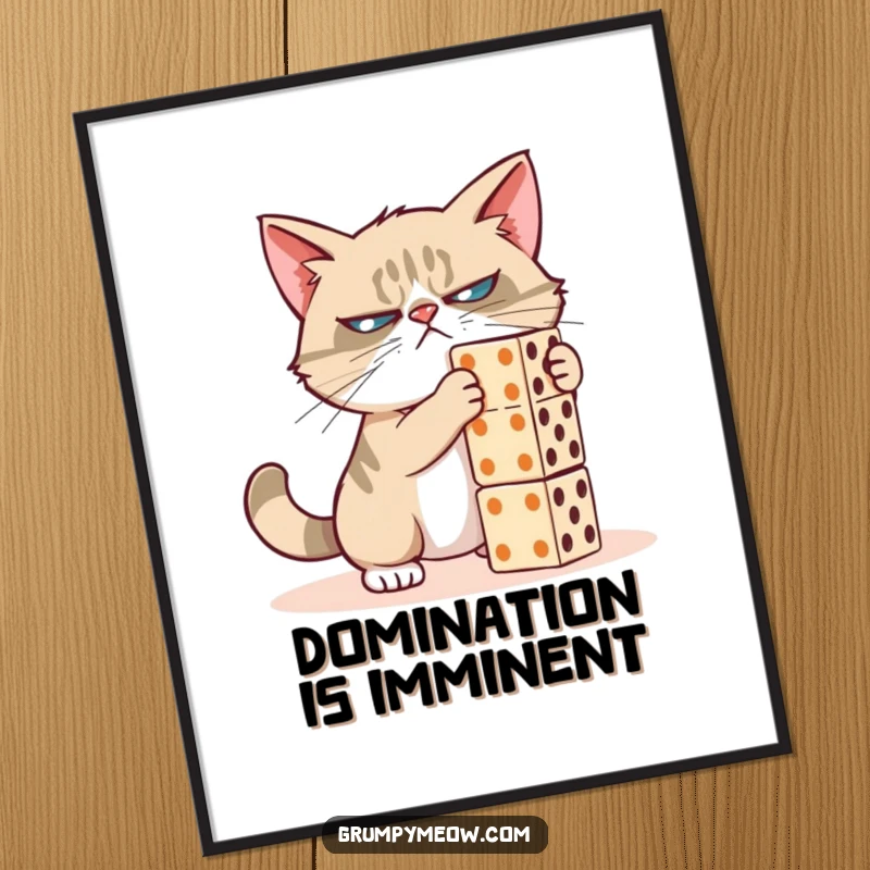 Funny grumpy cat digital art print, captured mid-domino-push, a masterpiece of feline mischief, ideal for instant funny gift.