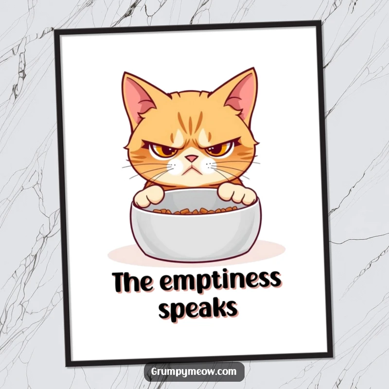 Funny grumpy cat digital art print, skeptical stare, empty food bowl, printable wall decor, feline attitude, instant download.