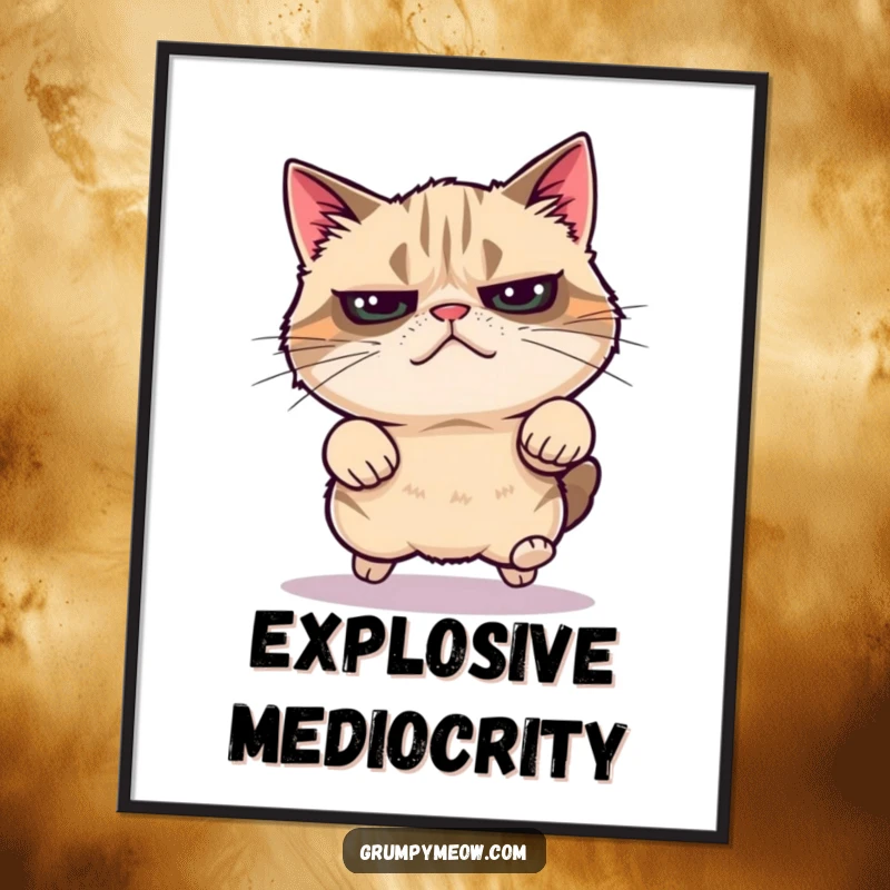 Funny grumpy cat digital art print, mid-leap with energy, capturing surprise, ideal funny gift.