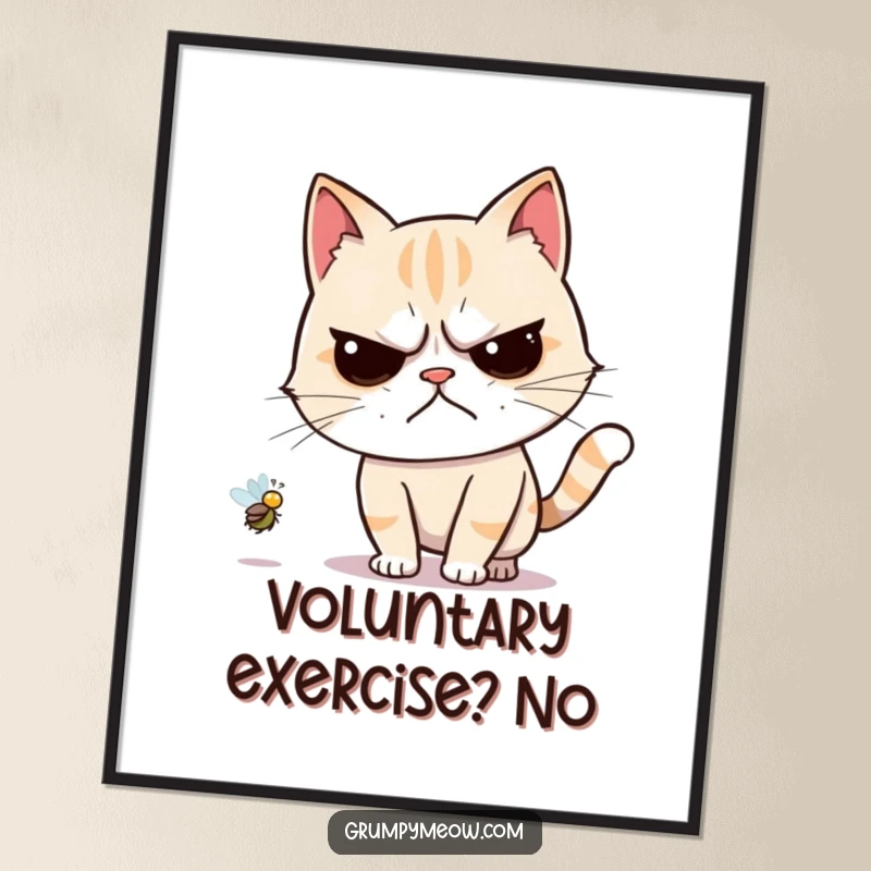 Funny digital art print of a grumpy cat reluctantly chasing a buzzing fly, perfect for humorous decor.