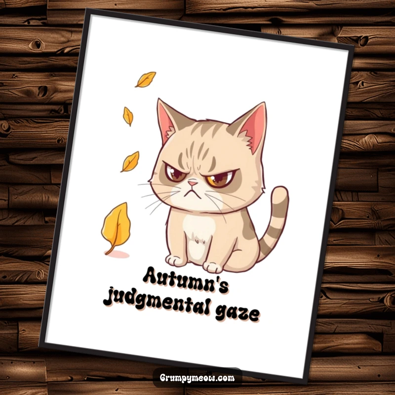 Funny Grumpy Cat Digital Art: Printable art of a grumpy cat watching a falling leaf, perfect for sophisticated wall decor.
