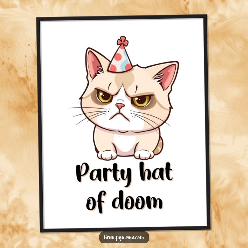 Funny digital art print of a grumpy cat comically wearing a tiny, tilted party hat, creating a hilarious scene.
