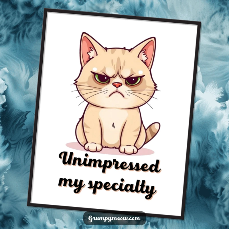 Funny grumpy cat digital art print of a cat looking unimpressed by a shiny object, ideal for humorous decor.