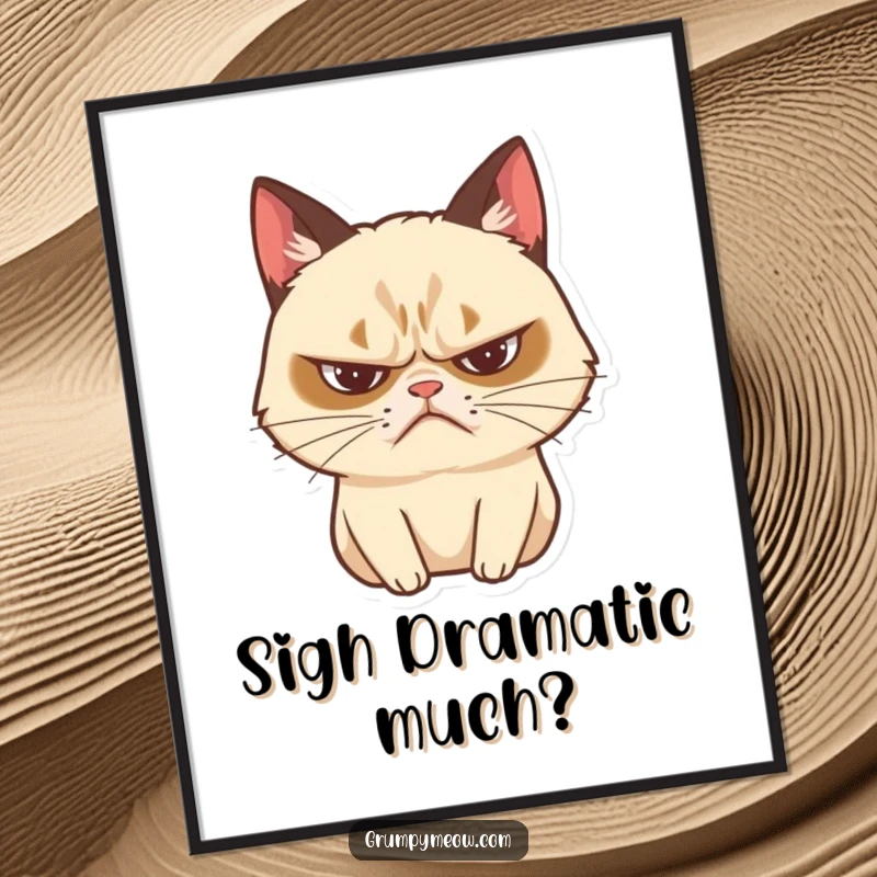 Funny grumpy cat digital art print of a dramatic sigh with a frown, ideal for humorous decor.