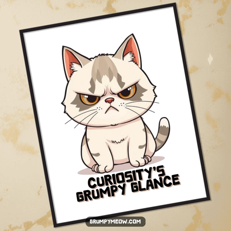 Funny Grumpy Cat Digital Art: Printable art of a grumpy cat with a scowl and a tail twitching curiously, perfect for wall decor.