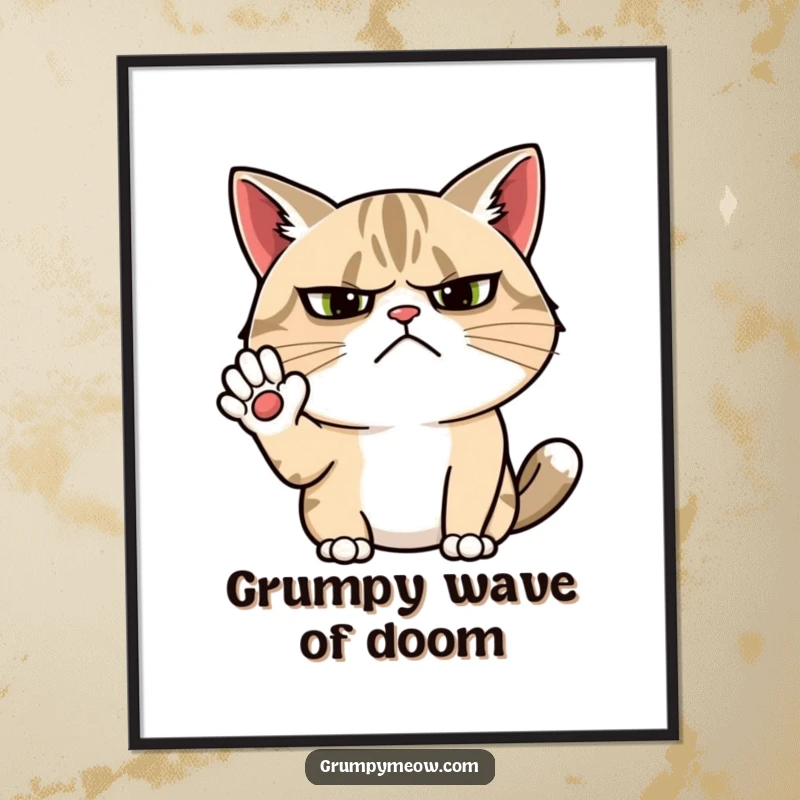 Funny grumpy cat digital art print of a cat with a furrowed brow attempting a cheerful, sarcastic wave.