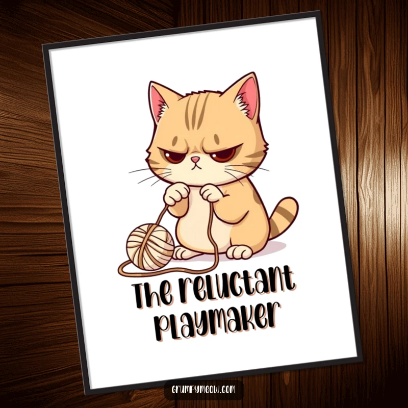 Funny Grumpy Cat Digital Art: Printable art of a grumpy cat reluctantly batting a ball of yarn, perfect for wall decor.