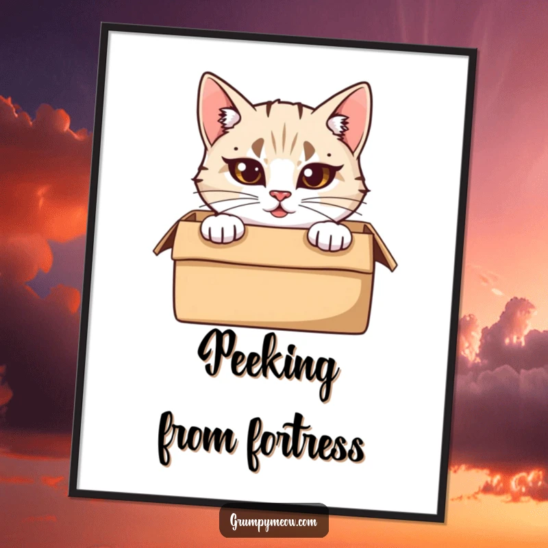 Funny Digital Art Print: A cat with furrowed brows peeks from a cardboard box, creating a humorous and intriguing piece of art.