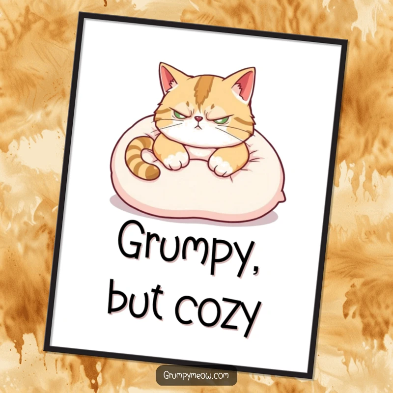 Funny Digital Art Print: A scowling cat with an ear twitch attempts to nap on a pillow, capturing pure feline annoyance.