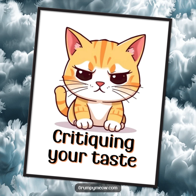 Funny Digital Art Print: A cat with crooked whiskers stares unimpressed at a colorful object, a masterpiece of judgmental art.