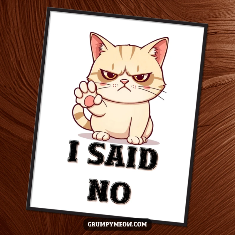 Funny digital art of a grumpy cat with a paw held out, delivering a universally understood and comical 'no'.