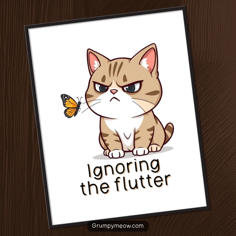 Funny digital art of a grumpy cat trying to ignore a playful butterfly, conveying humorous annoyance and style.