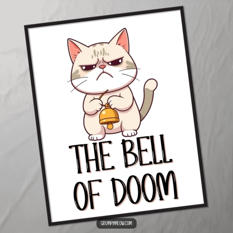 Funny digital art print of a grumpy cat begrudgingly playing with a bell, bringing sarcastic feline humor and personality to any space.