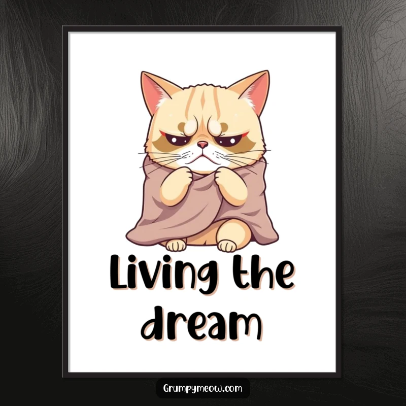 Funny digital art print of a grumpy cat dramatically sighing under a blanket, offering instant, humorous, and cozy wall decor.