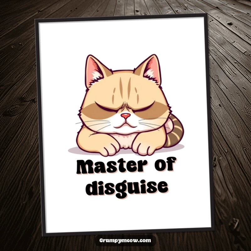 Funny digital art print of a grumpy cat feigning sleep with watchful eyes, ideal for humorous, downloadable wall decor.