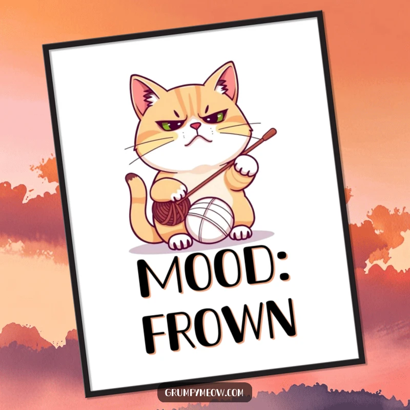 Funny digital art print of a frowning cat intensely playing with a ball of yarn, capturing a humorous moment of feline distraction.