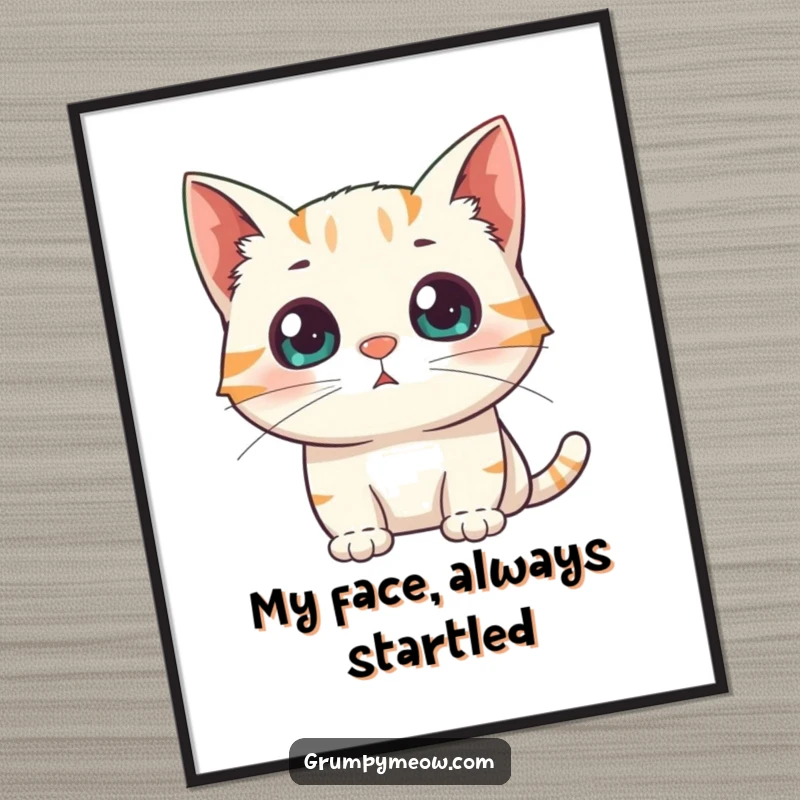 Funny Digital Art Print: A cat with dilated pupils stares in surprise at a sudden appearance, capturing intense feline shock.