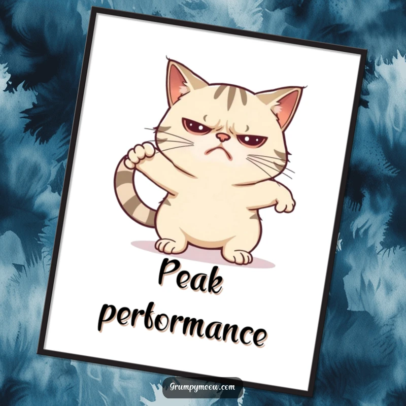Funny grumpy cat digital art print showing a cat in a languid, unenthusiastic stretch, ready to be framed.