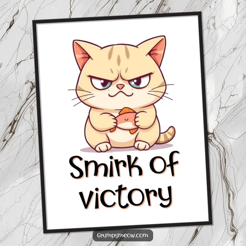 Funny digital art print of a grumpy cat with a smug smirk holding a tiny fish, perfect for instant feline humor.