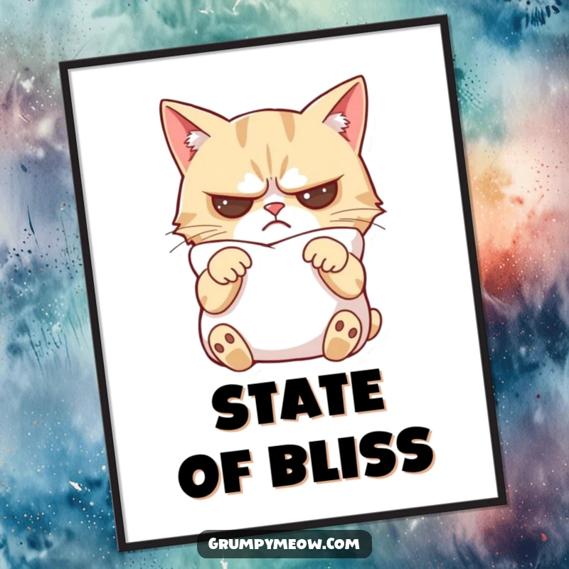 Funny grumpy cat digital art print showing a cat with crossed paws, slightly mollified by a soft pillow, ready to hang.