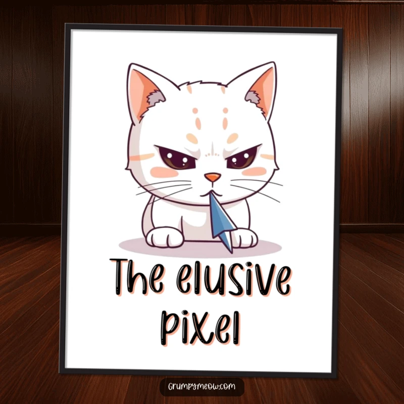 Funny digital art print of a cat with its eyes narrowed, intently staring at a computer cursor, capturing a moment of digital obsession.