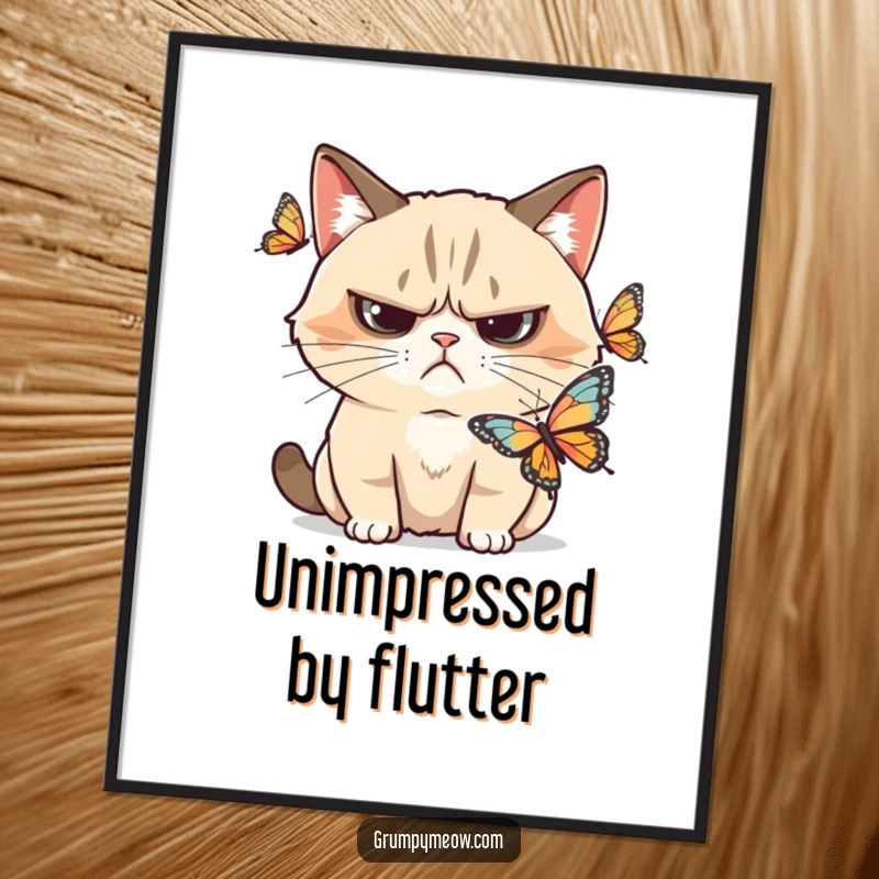 Funny grumpy cat digital art print, skeptical frown at butterfly, conveying thoughtful observation, ideal funny gift.
